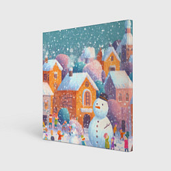 Картина квадратная Дети во дворе лепят снеговика