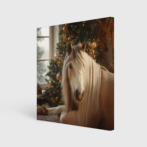 Картина квадратная Белая лошадка лежит у новогодней елки / 3D-принт – фото 1