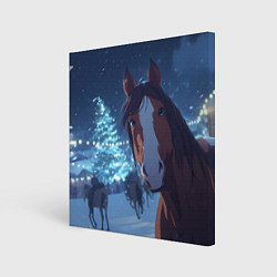 Картина квадратная Лошадь на фоне новогодней елки
