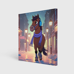 Холст квадратный Лошадка в шарфе и наушниках, цвет: 3D-принт