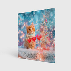 Картина квадратная Котенок и гирлянда из сердечек