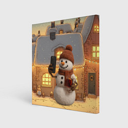 Холст квадратный Снеговик с глинтвейном делает селфи, цвет: 3D-принт