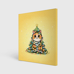 Картина квадратная Новогодний котик в гирлянде