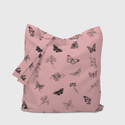 Сумка-шоппер Цветочки и бабочки на розовом фоне