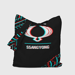 Сумка-шопер Значок SsangYong в стиле glitch на темном фоне, цвет: 3D-принт