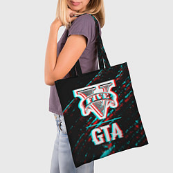 Сумка-шопер GTA в стиле glitch и баги графики на темном фоне, цвет: 3D-принт — фото 2