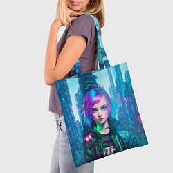 Сумка-шопер Девушка в стиле киберпанк на фоне неонового города, цвет: 3D-принт — фото 2