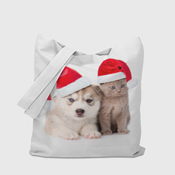 Сумка-шопер Пёсик и котик в шапочках, цвет: 3D-принт