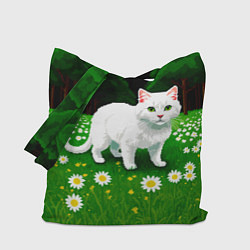 Сумка-шоппер Белый кот на лугу пиксель арт