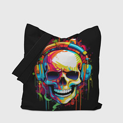 Сумка-шоппер Яркий череп в наушниках нарисованный красками
