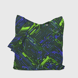 Сумка-шопер Киберпанк линии зелёные и синие, цвет: 3D-принт