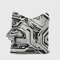 Сумка-шопер Киберпанк белые полосы на чёрном фоне, цвет: 3D-принт