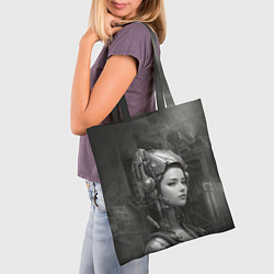 Сумка-шопер Черно-белая иллюстрация девушки в шлеме, цвет: 3D-принт — фото 2
