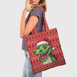 Сумка-шопер Зеленый дракон на красном новогоднем фоне, цвет: 3D-принт — фото 2