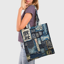 Сумка-шопер Иероглифы на пэчворк дениме, цвет: 3D-принт — фото 2