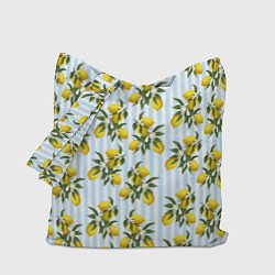 Сумка-шопер Ветка летних лимонов - голубые полосы, цвет: 3D-принт