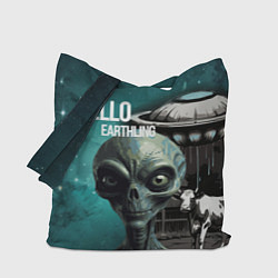 Сумка-шопер Инопланетянин на фоне космоса и летающей тарелки, цвет: 3D-принт