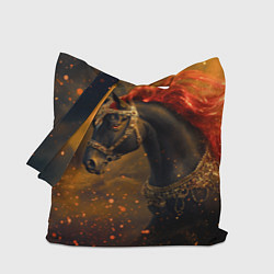Сумка-шопер Черная лошадь с красной гривой - огненные частицы, цвет: 3D-принт