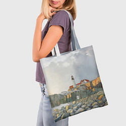 Сумка-шопер Маяк и камни на пляже - акварельный рисунок, цвет: 3D-принт — фото 2