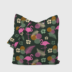 Сумка-шопер Фламинго и листья на темно-зеленом, цвет: 3D-принт