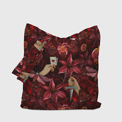 Сумка-шопер Бордовая готика с сердцем, лилиями и мотыльками, цвет: 3D-принт