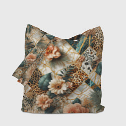 Сумка-шоппер Цветы на кусках мрамора и леопардовом узоре