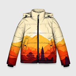 Куртка зимняя для мальчика Горы закат пейзаж лиса арт, цвет: 3D-черный
