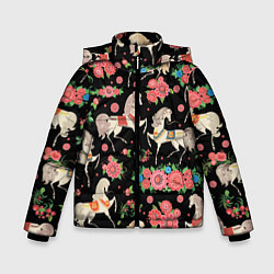 Куртка зимняя для мальчика Лошади и цветы, цвет: 3D-черный