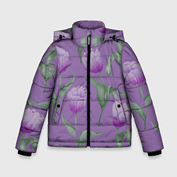 Куртка зимняя для мальчика Фиолетовые тюльпаны с зелеными листьями, цвет: 3D-черный