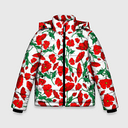 Зимняя куртка для мальчика Цветы Красные Маки на белом фоне