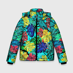Зимняя куртка для мальчика Тропические растения на бирюзовом фоне