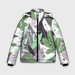 Куртка зимняя для мальчика Зелёные, серые, голубые, сиреневые листья на белом, цвет: 3D-светло-серый