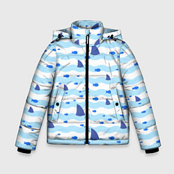 Куртка зимняя для мальчика Волны, рыбки и плавники акул - паттерн, цвет: 3D-светло-серый