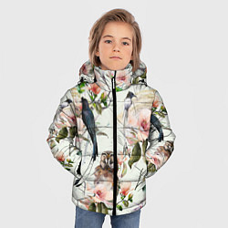 Куртка зимняя для мальчика Цветы Нарисованные Магнолии и Птицы, цвет: 3D-черный — фото 2