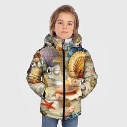 Куртка зимняя для мальчика Морские раковины, кораллы, морские звёзды на песке, цвет: 3D-светло-серый — фото 2