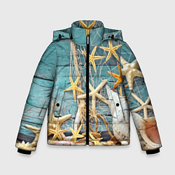 Куртка зимняя для мальчика Натюрморт из сети, морских звёзд и ракушек - лето, цвет: 3D-черный