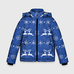 Куртка зимняя для мальчика Белые олени со снежинками на синем фоне, цвет: 3D-светло-серый