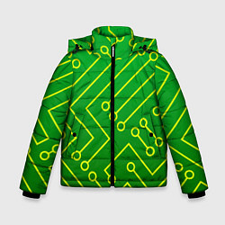 Куртка зимняя для мальчика Технический зелёный паттерн с жёлтыми лучами, цвет: 3D-светло-серый