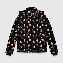 Куртка зимняя для мальчика Тюльпаны и сердечки на черном - паттерн, цвет: 3D-черный