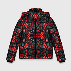 Куртка зимняя для мальчика Растительный узор из красных цветов, цвет: 3D-черный