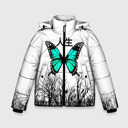 Куртка зимняя для мальчика С бабочкой на фоне японского иероглифа, цвет: 3D-черный