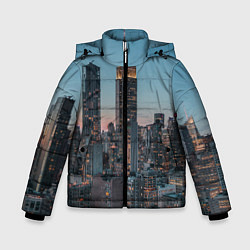 Куртка зимняя для мальчика Утренний город с небоскребами, цвет: 3D-черный