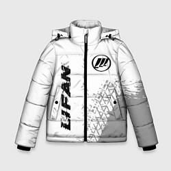 Куртка зимняя для мальчика Lifan speed на светлом фоне со следами шин: надпис, цвет: 3D-черный