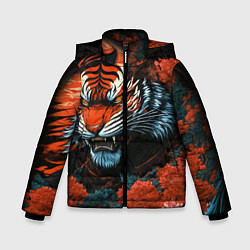 Куртка зимняя для мальчика Тигр с розами на волнах в стиле тату ирезуми, цвет: 3D-черный