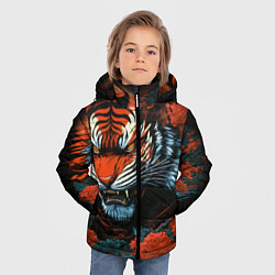 Куртка зимняя для мальчика Тигр с розами на волнах в стиле тату ирезуми, цвет: 3D-черный — фото 2
