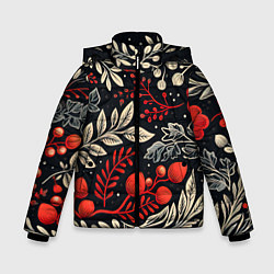 Куртка зимняя для мальчика Новогодние узоры и рябина, цвет: 3D-черный