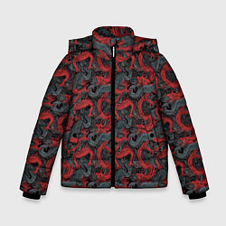 Зимняя куртка для мальчика Красные драконы на сером фоне