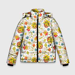 Куртка зимняя для мальчика Хохломская роспись разноцветные цветы на белом фон, цвет: 3D-красный