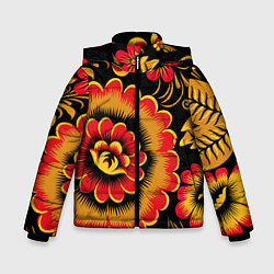 Куртка зимняя для мальчика Хохломская роспись красно-жёлтые цветы на чёрном ф, цвет: 3D-светло-серый