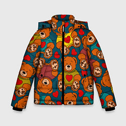 Куртка зимняя для мальчика Мишки игрушки в цветных свитерах и сердечки, цвет: 3D-черный